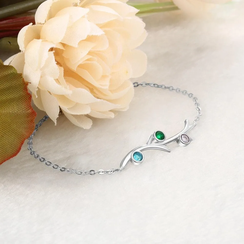 Personalized Women Branch Bracelets with Customized 3 Birthstones, Wedding Gift Jewelry