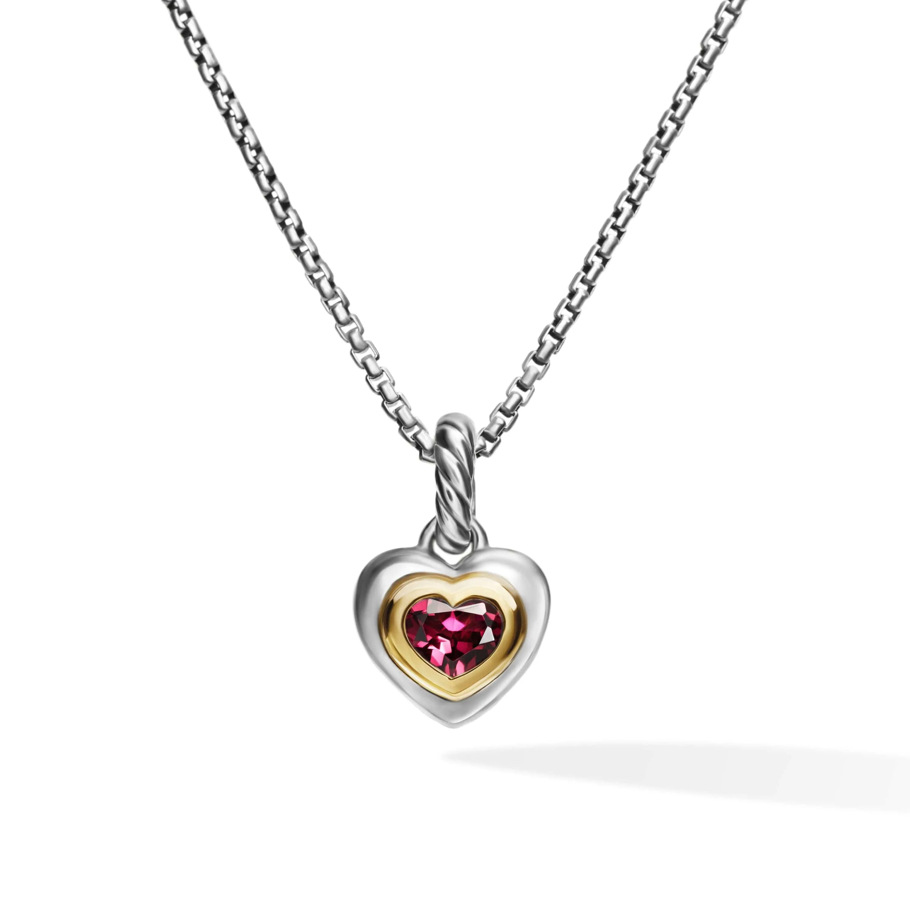 Petite Cable Heart Pendant Necklace in Sterling Silver with 14K Yellow Gold and Rhodolite Garnet, 17.1mm