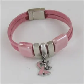 Pink  Awareness Leather Bracelet Angel Charm