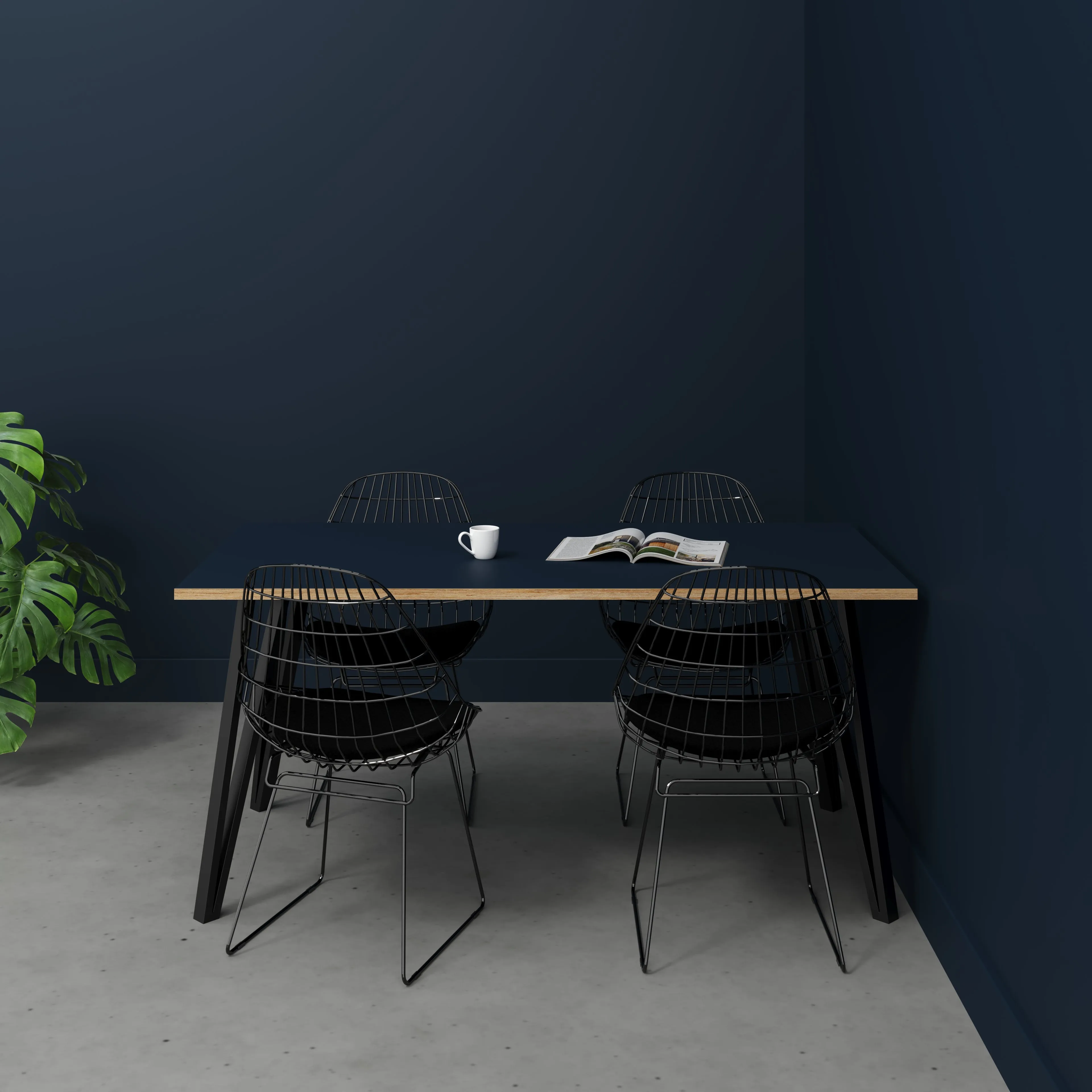 Plywood Table with Black Box Hairpin Legs - Formica Night Sea Blue - 1600(w) x 800(d) x 735(h)