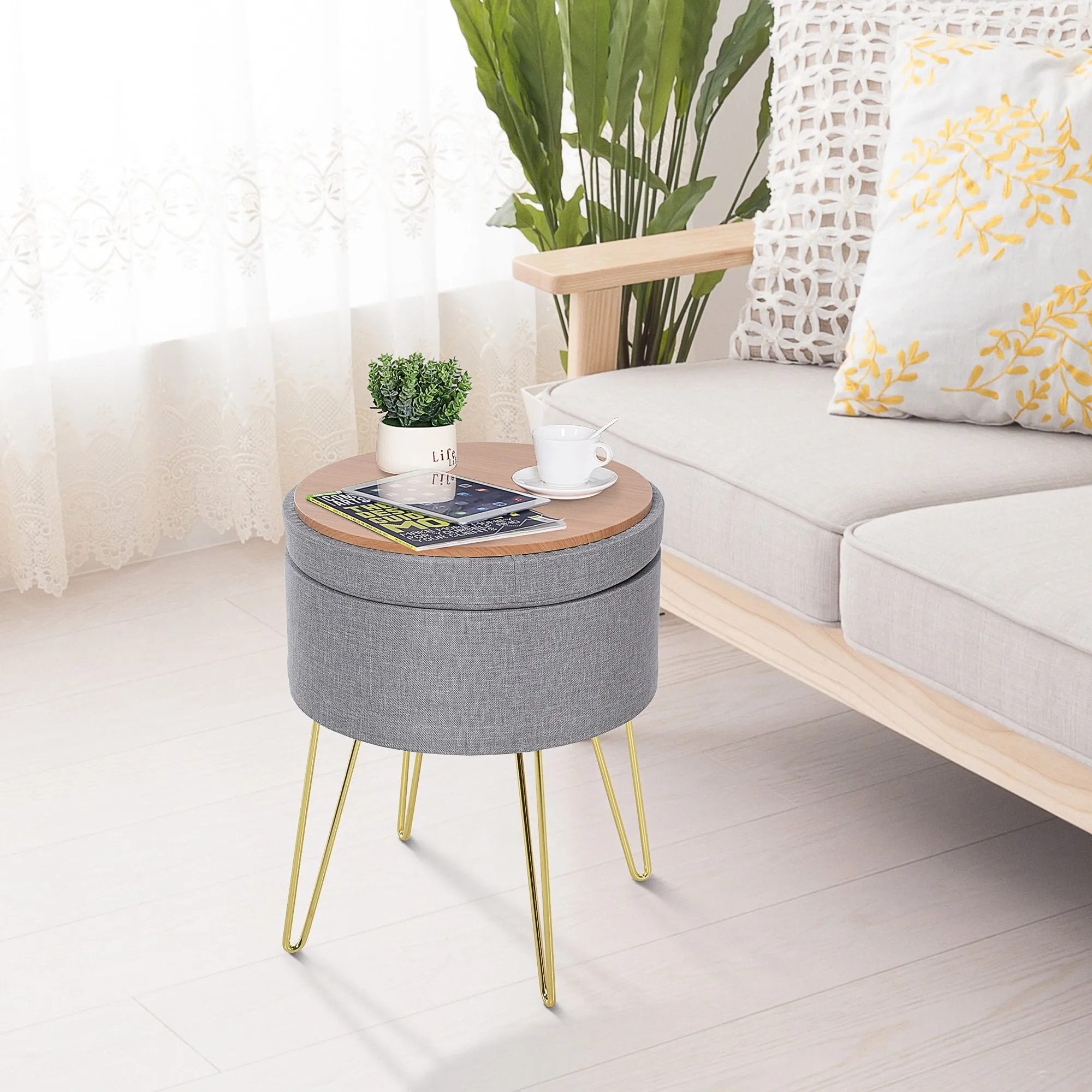 Polyester Upholstered Round Ottoman Footstool Grey/Gold