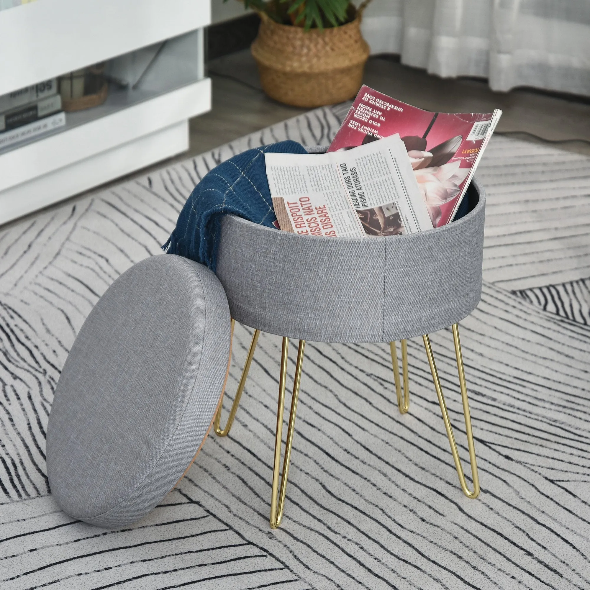 Polyester Upholstered Round Ottoman Footstool Grey/Gold