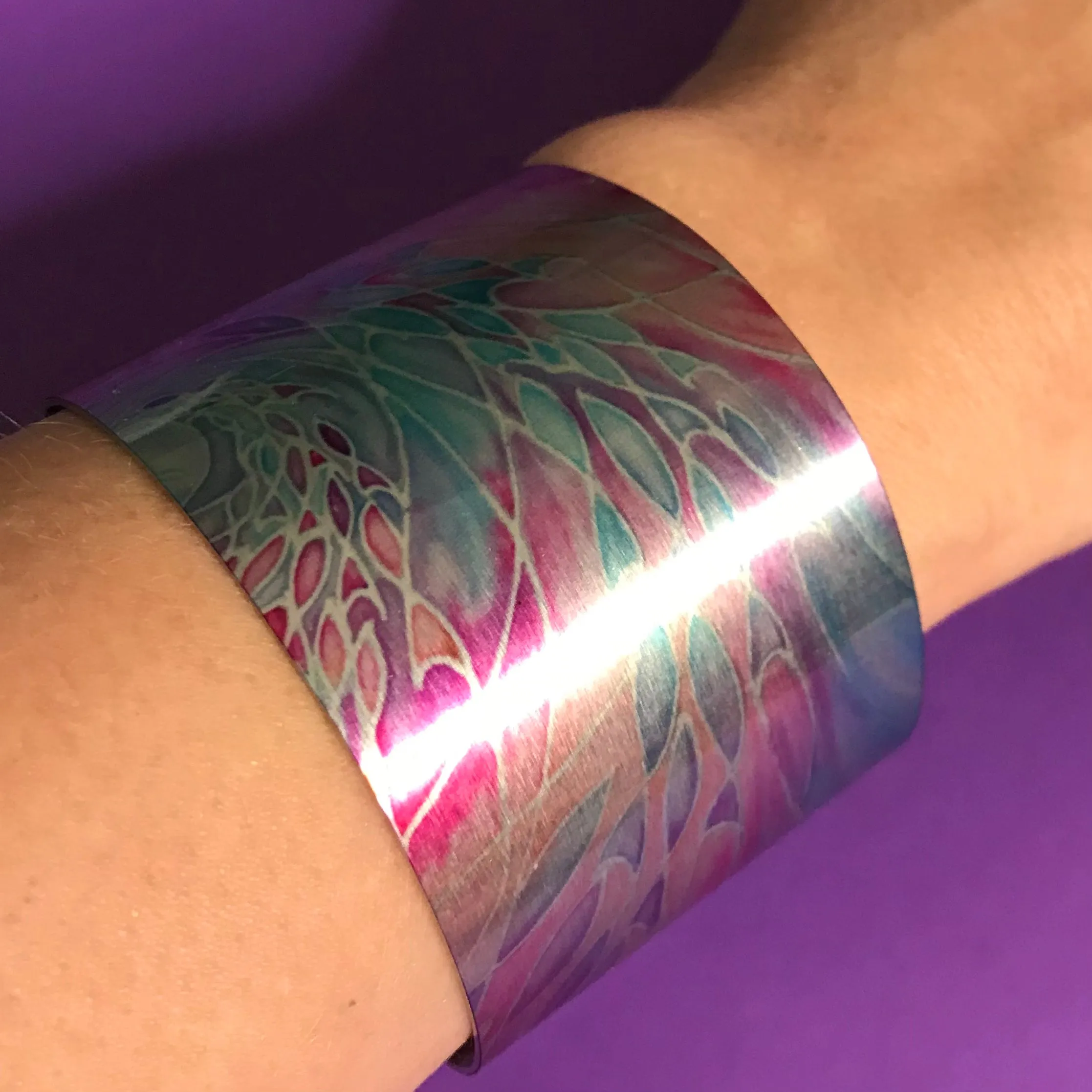 Pretty Pink Turquoise Swirling Sea Shoal Bracelet - Statement Cuff Bracelet - easy wear lightweight aluminium.