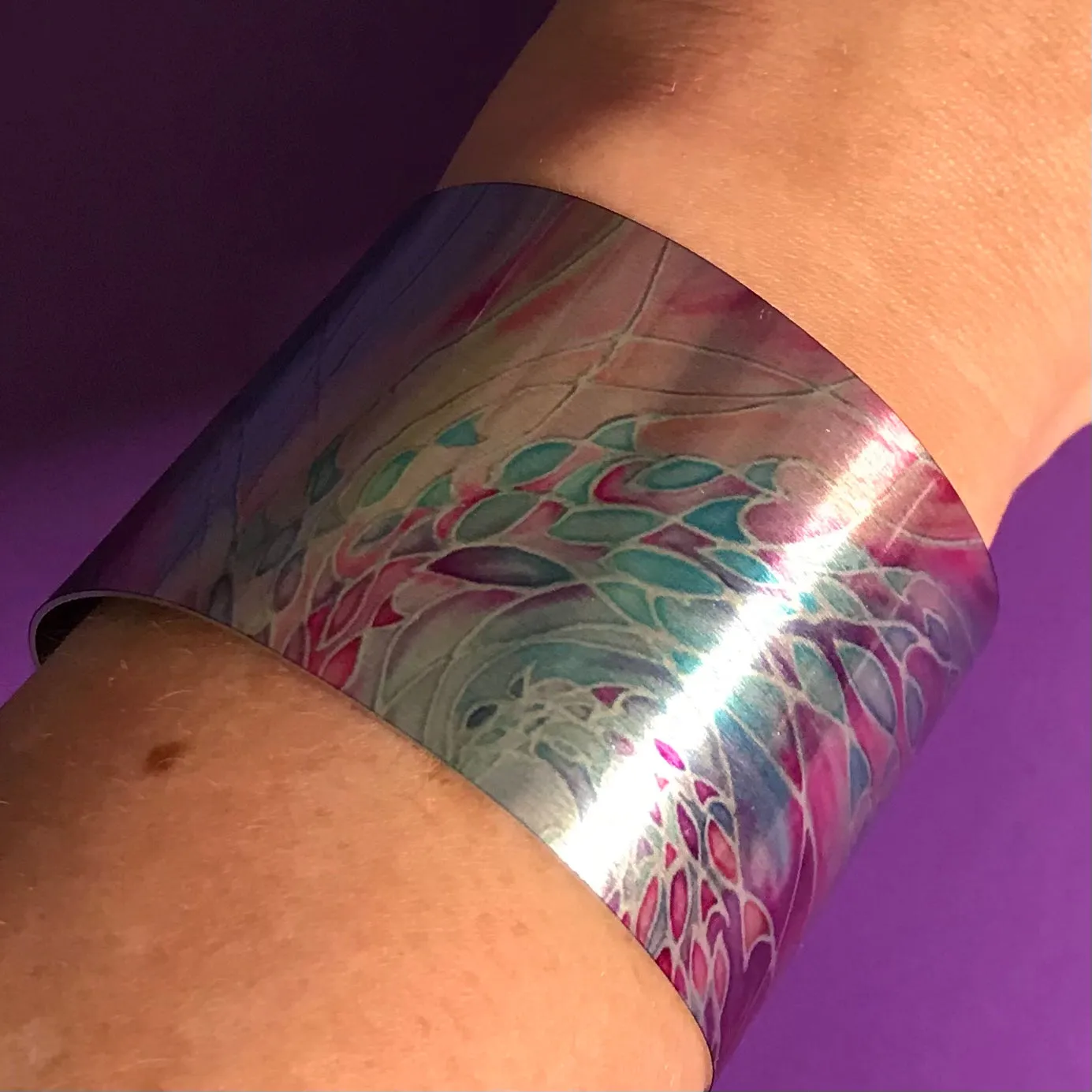 Pretty Pink Turquoise Swirling Sea Shoal Bracelet - Statement Cuff Bracelet - easy wear lightweight aluminium.