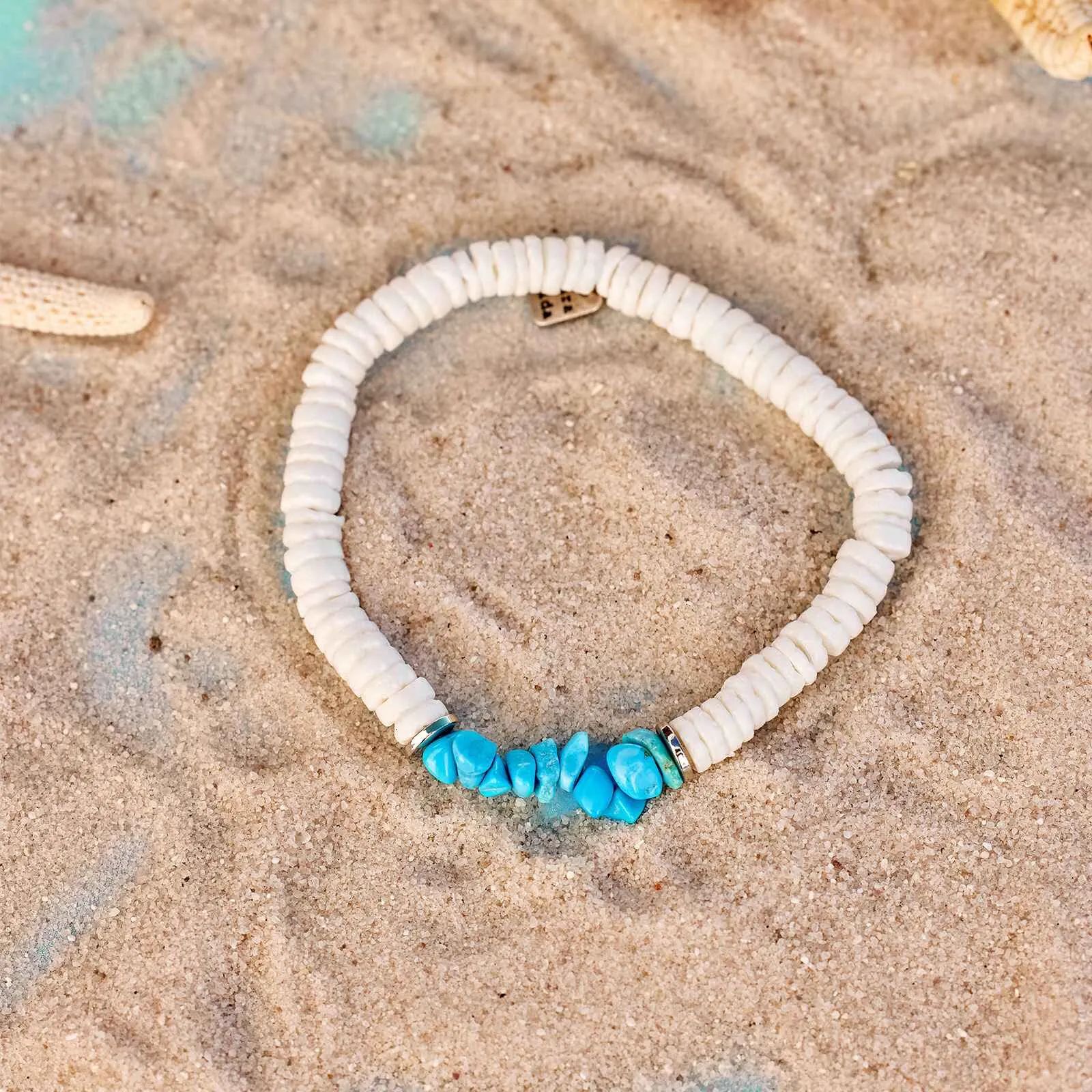 Puka Shell and Turquoise Chip Stretch Bracelet