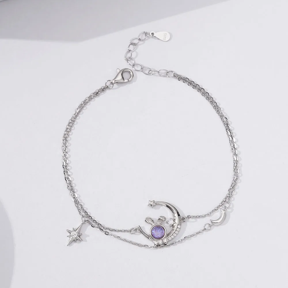 Rabbit Moon Hexagram Star Double Layer Silver Bracelet