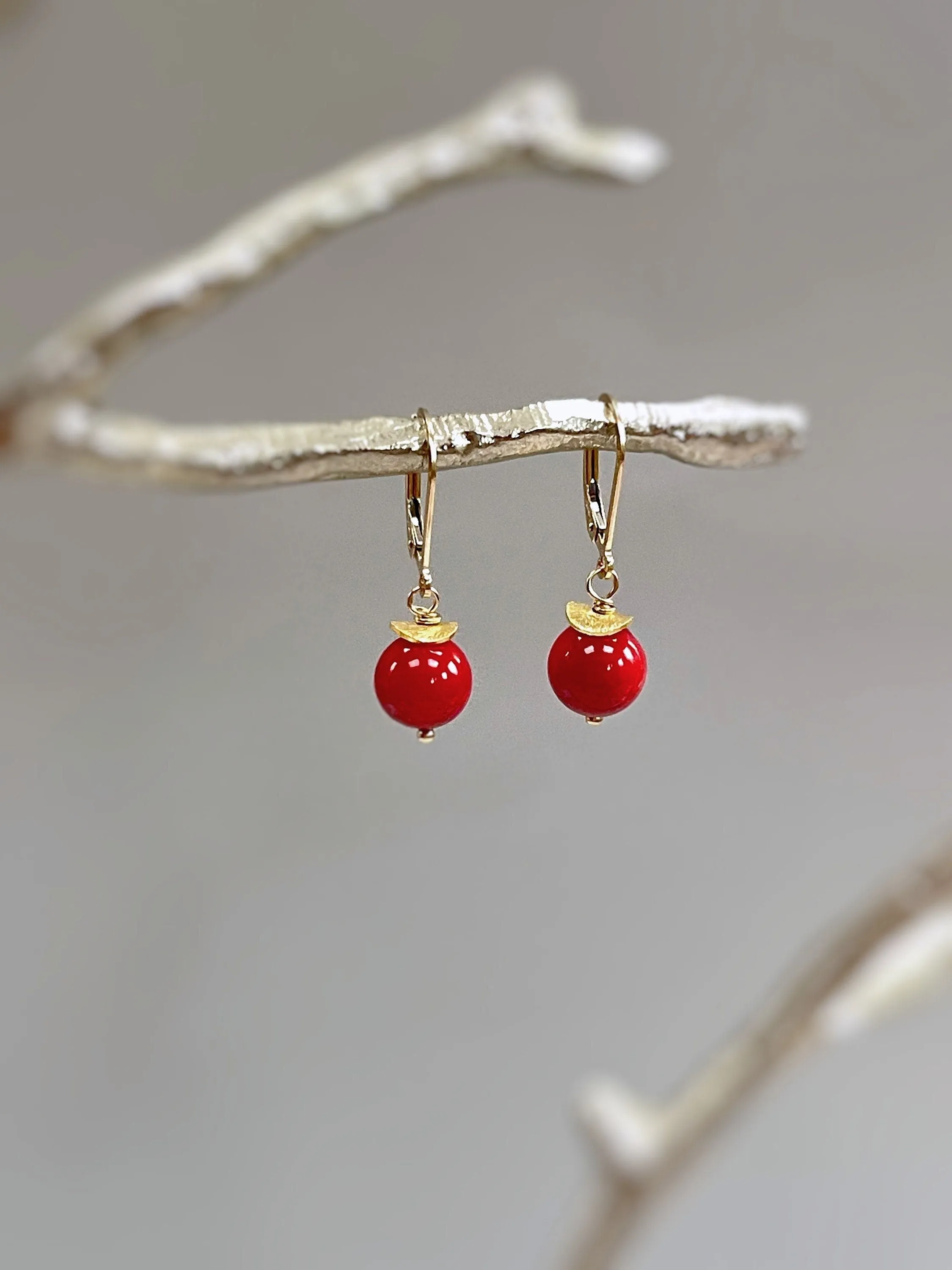 Red Coral Earrings dangle 14k Gold Fill, Sterling Silver