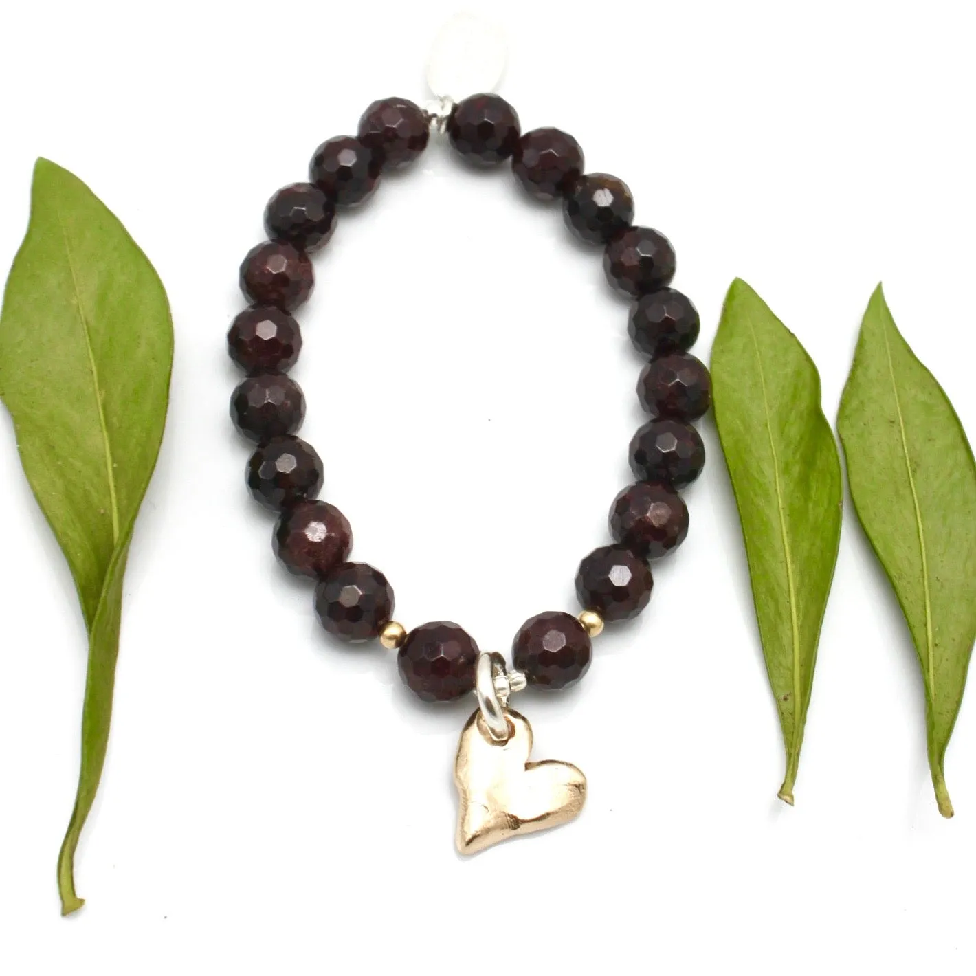 Red Garnet & Bronze Solid Heart Stretch Bracelet