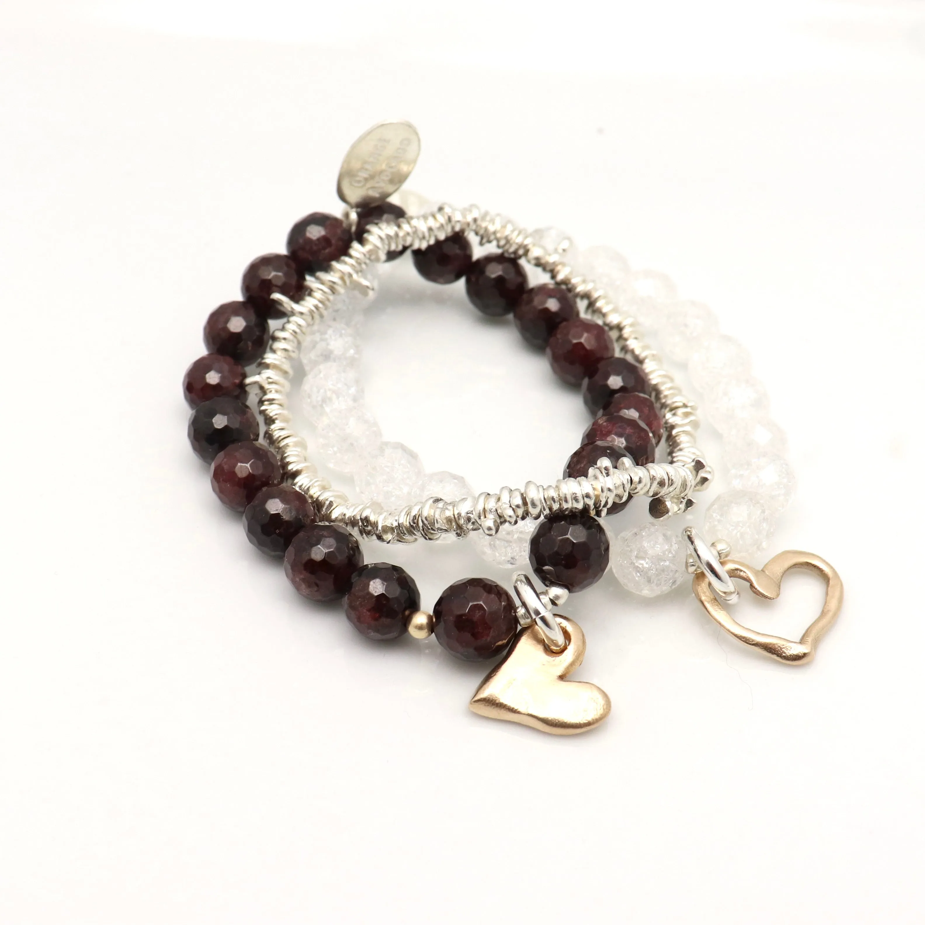 Red Garnet & Bronze Solid Heart Stretch Bracelet