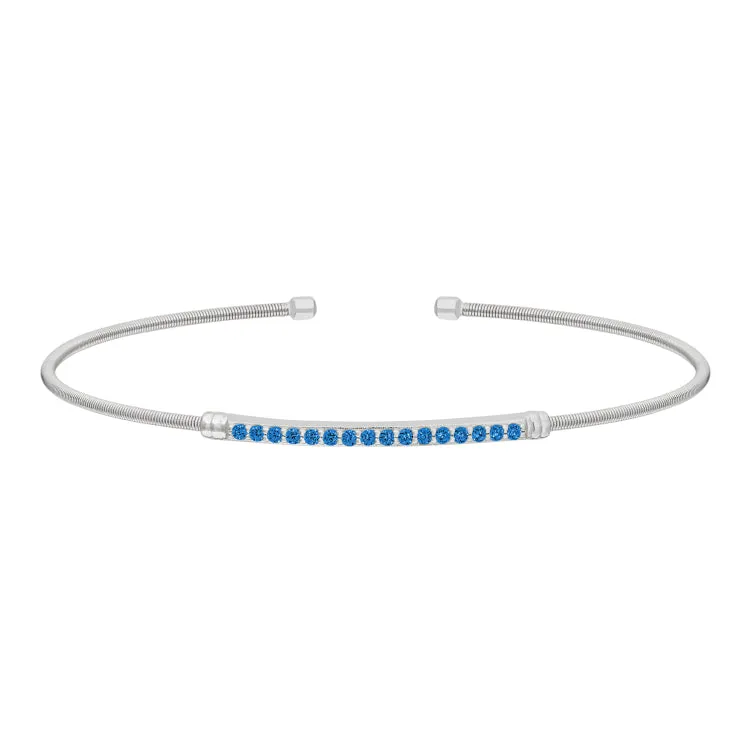 Rhodium Finish Sterling Silver Cable Cuff Bracelet with Simulated Blue Zircon Birth Gems - December