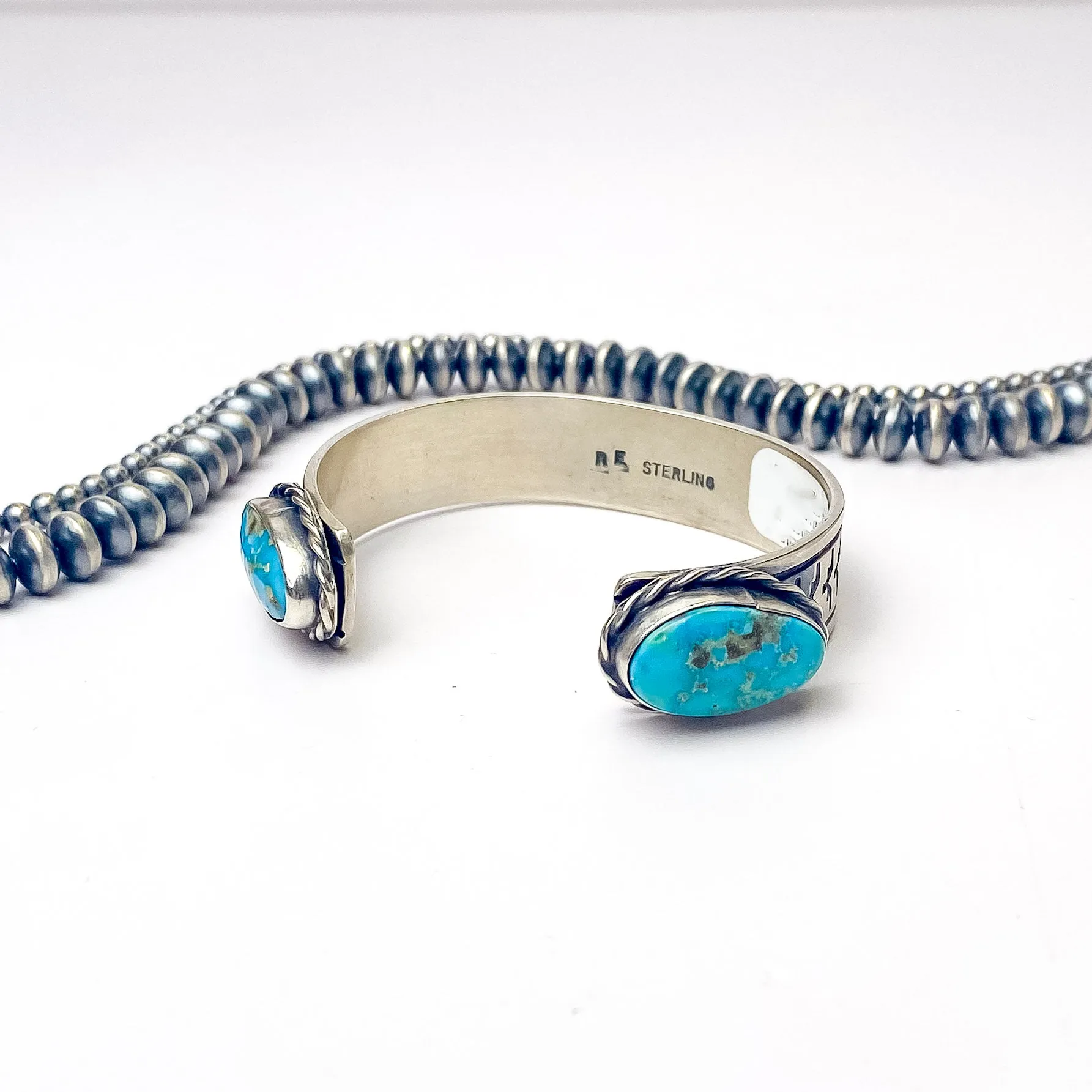 Rick Enriquez | Navajo Handmade Detailed Sterling Silver Open Cuff Bracelet with Blue Ridge Turquoise Stones