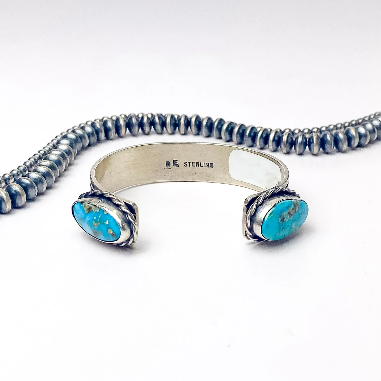 Rick Enriquez | Navajo Handmade Detailed Sterling Silver Open Cuff Bracelet with Blue Ridge Turquoise Stones