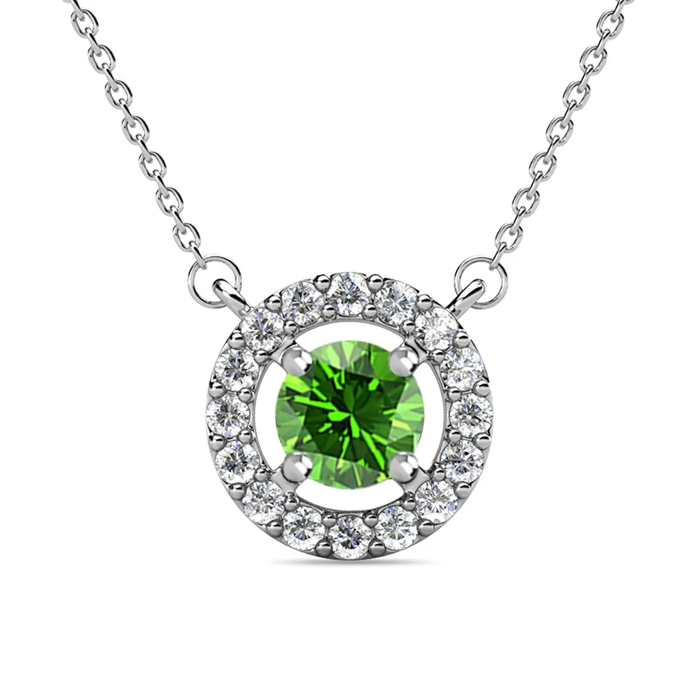 Royal 18k White Gold Plated August Birthstone Halo Necklace with Round Cut Peridot Swarovski Crystals