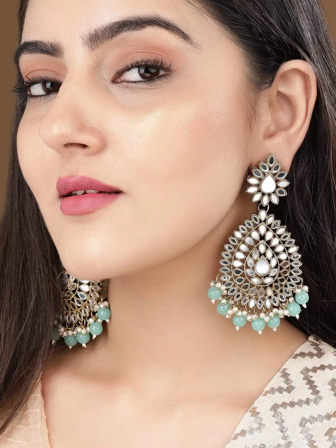 Rubans Domed Teardrop Mirror Earrings with Turquoise Beads