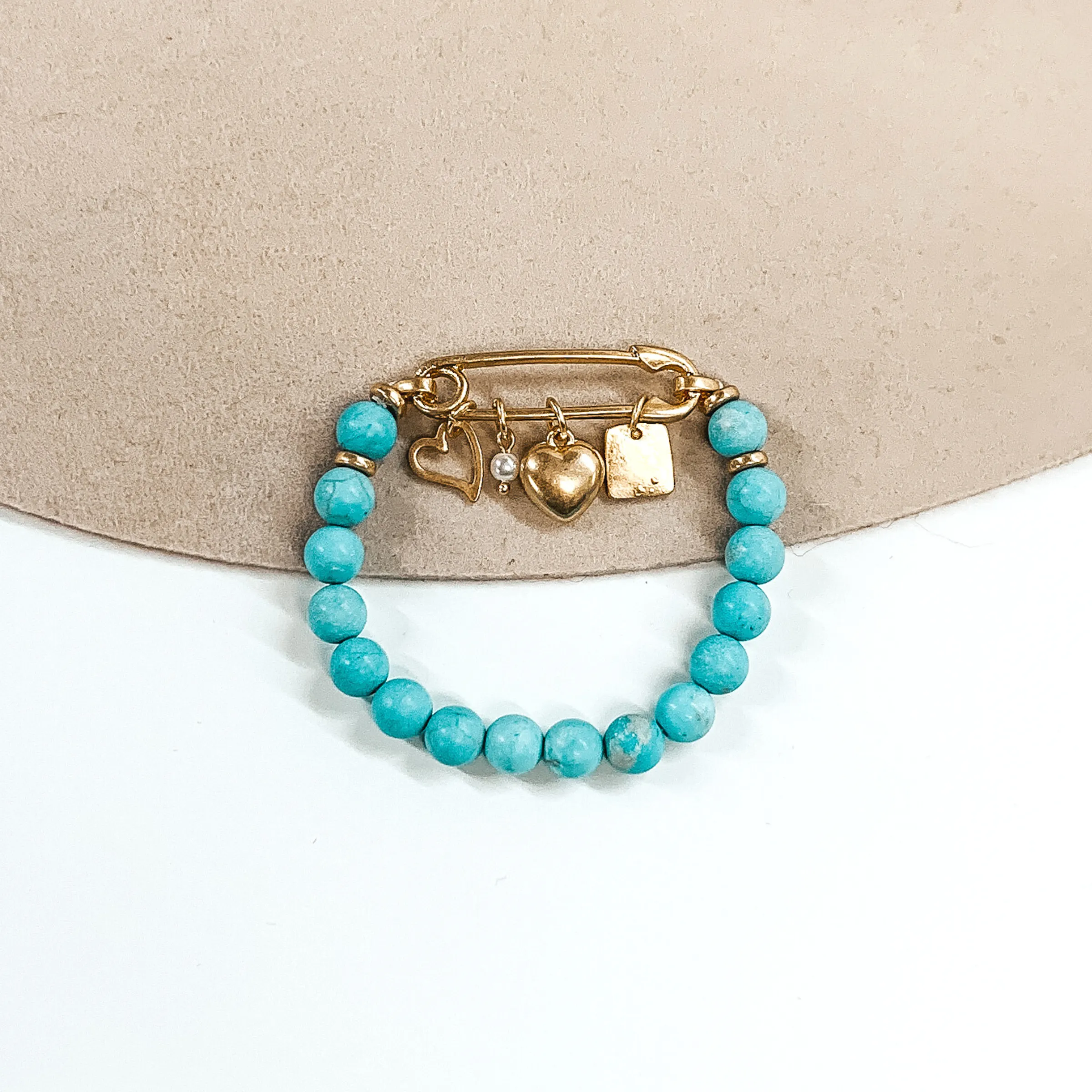 Safety Pin Beaded Bracelet with Gold Charms in Turquoise