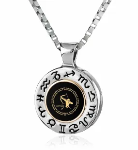 Sagittarius Sign, 925 Sterling Silver with 14K Gold Necklace, Onyx