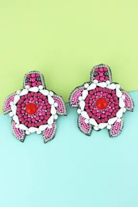 SALE! Coral Seed Bead Turtle Earrings