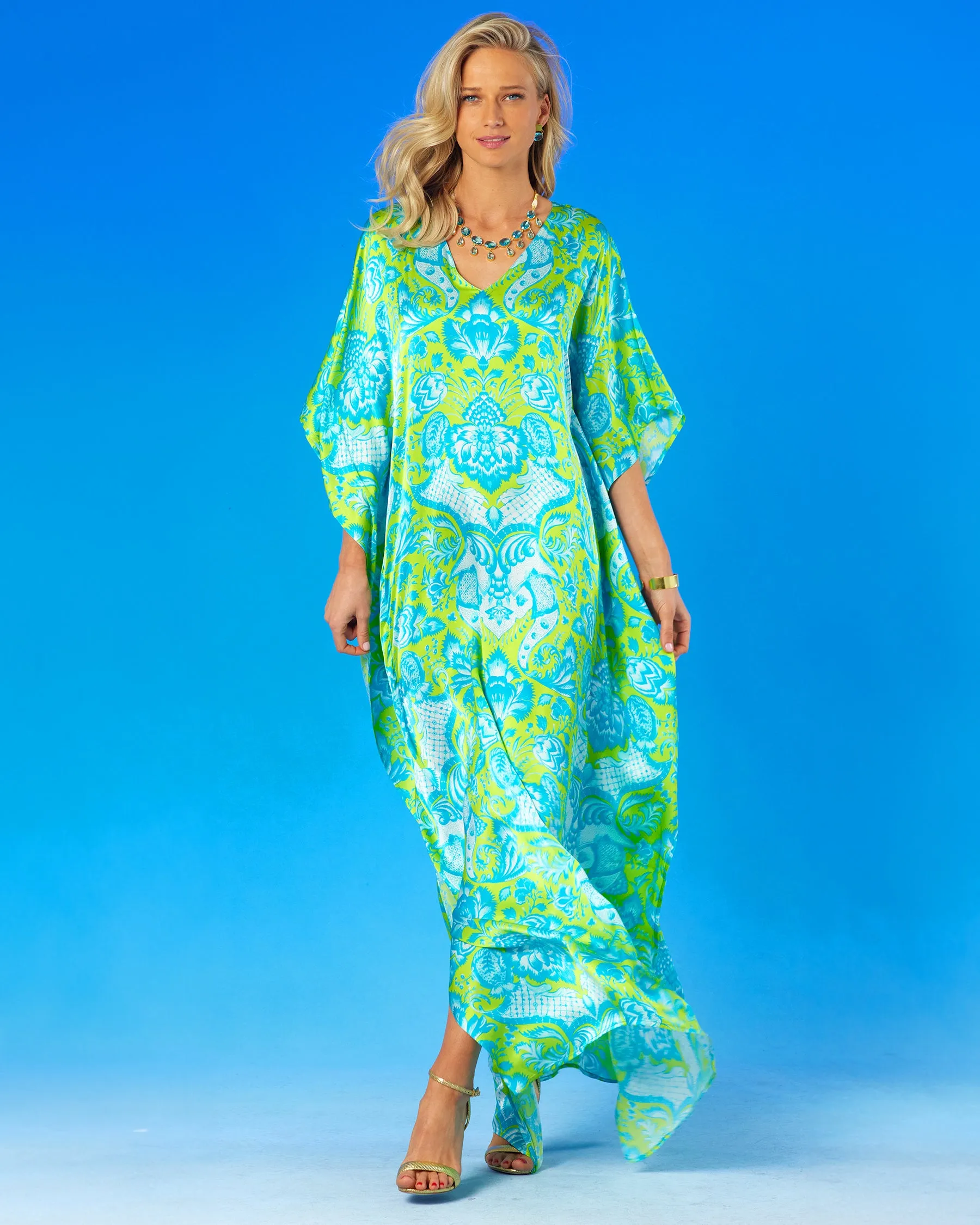 Shalimar Silk Kaftan in Turquoise and Lime