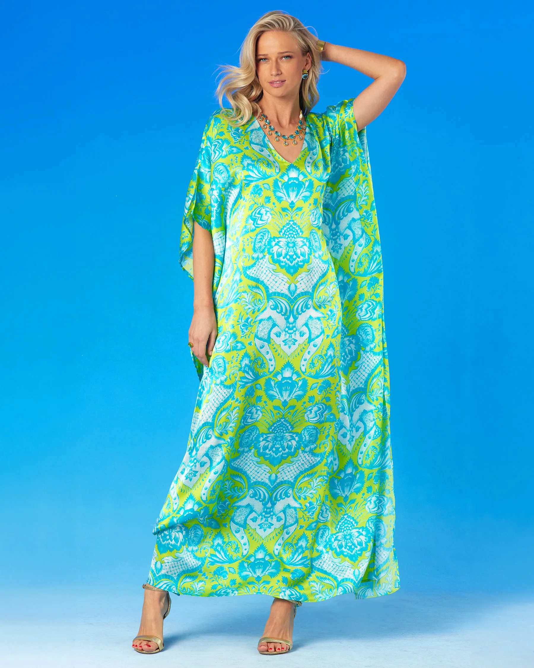 Shalimar Silk Kaftan in Turquoise and Lime