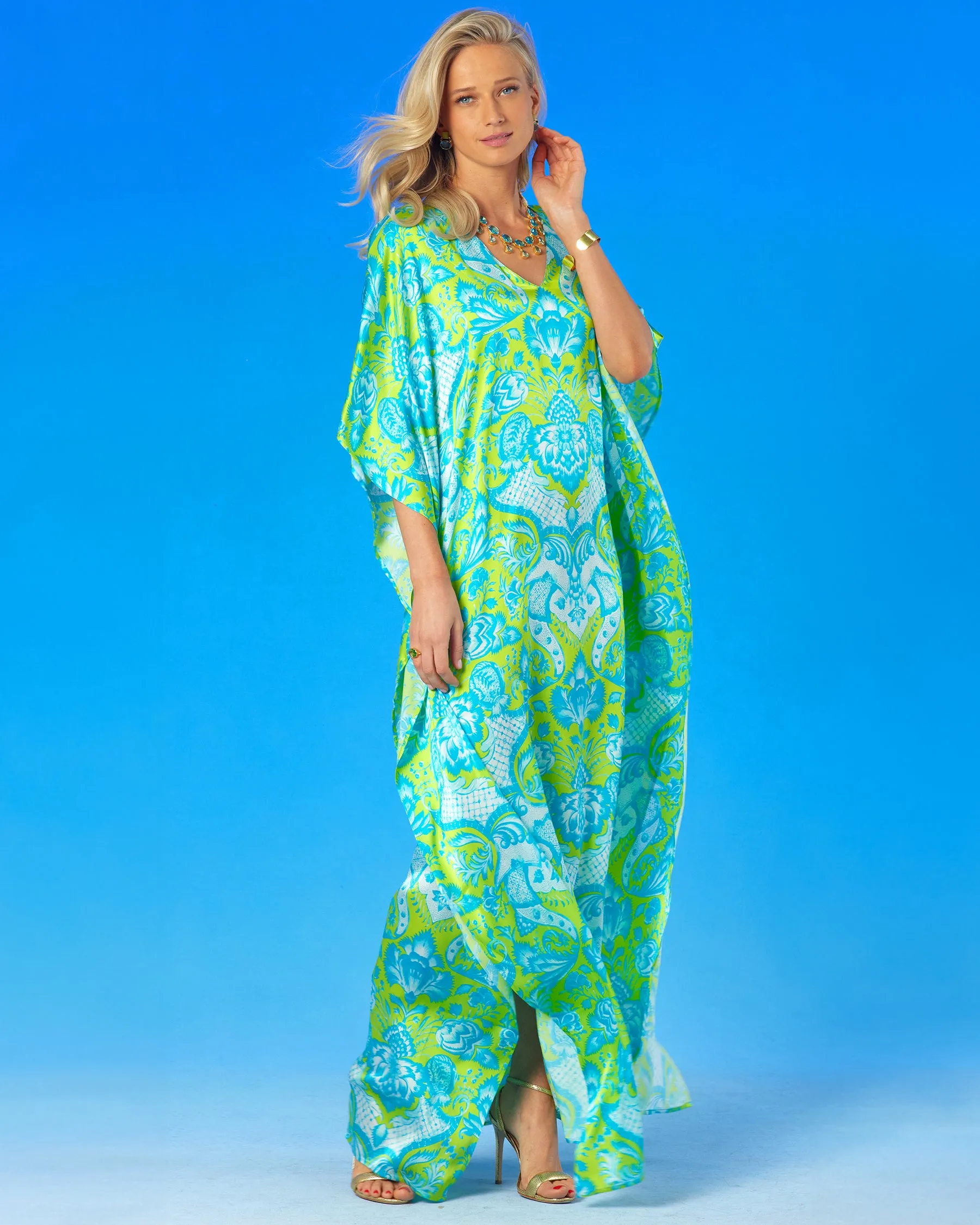 Shalimar Silk Kaftan in Turquoise and Lime