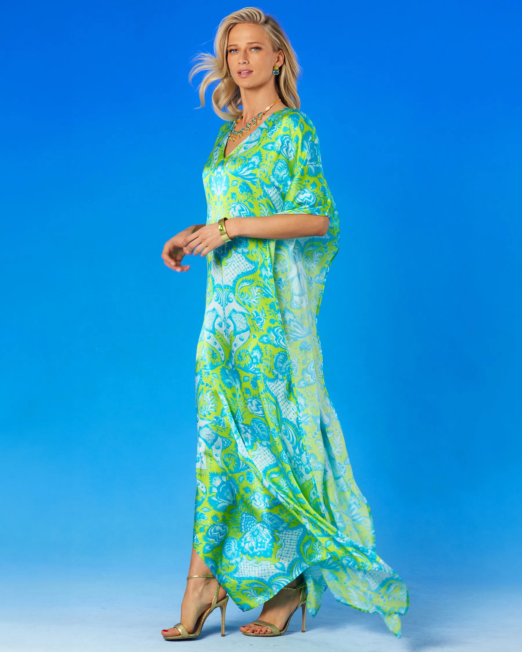 Shalimar Silk Kaftan in Turquoise and Lime