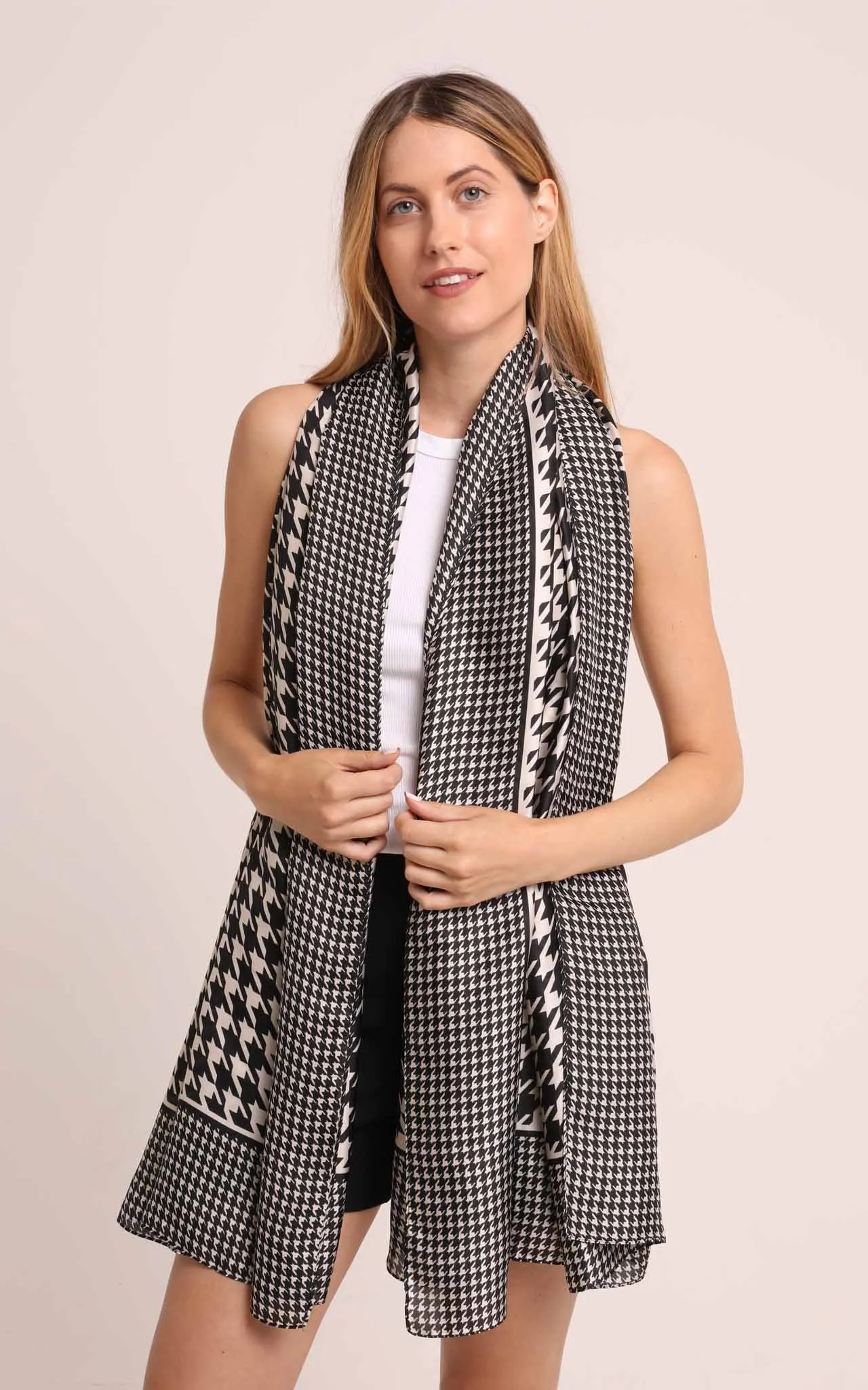 Silk Scarf in Black and White Houndstooth Print