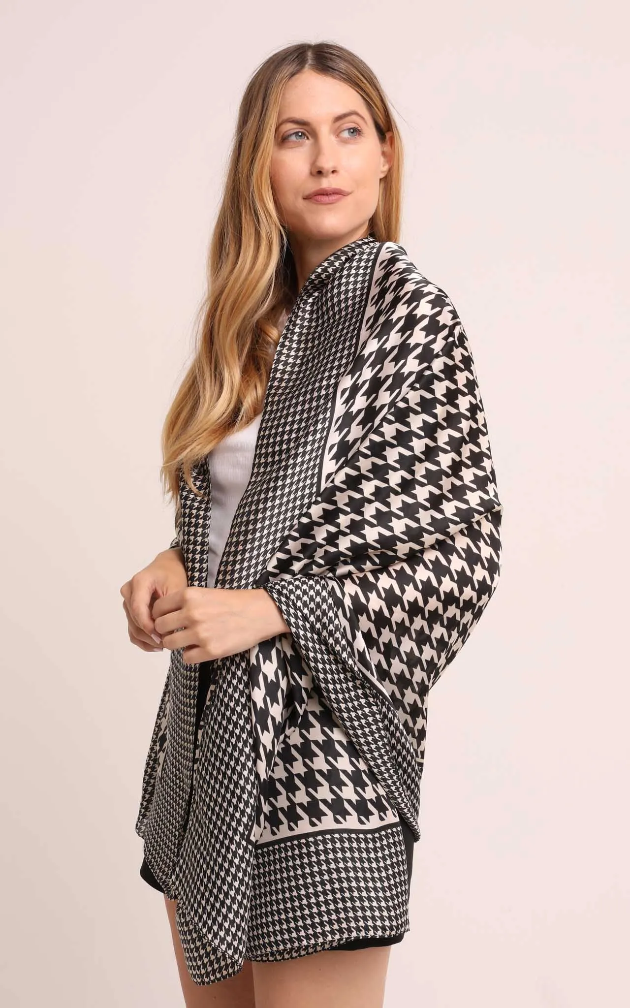 Silk Scarf in Black and White Houndstooth Print