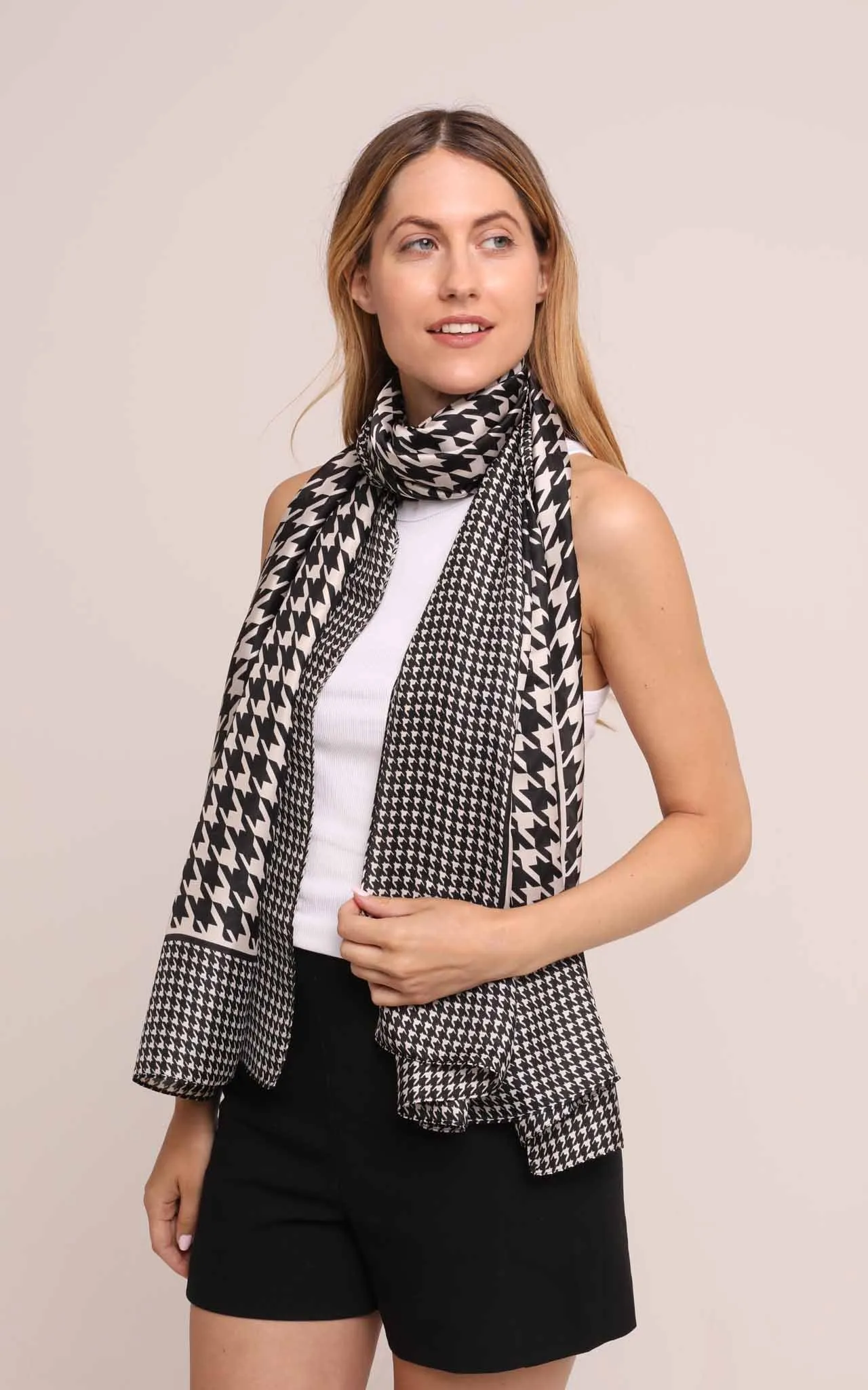 Silk Scarf in Black and White Houndstooth Print