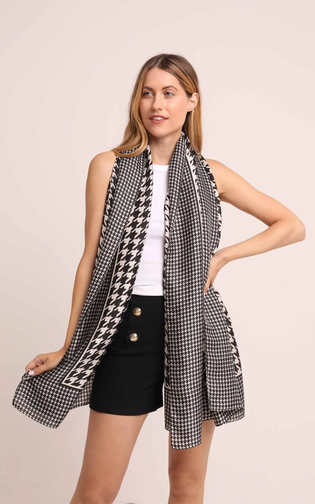 Silk Scarf in Black and White Houndstooth Print