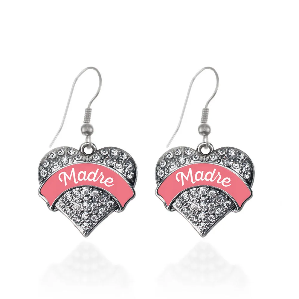 Silver Coral Madre Pave Heart Charm Dangle Earrings