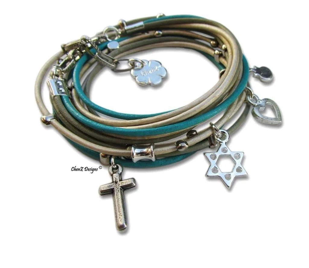 Silver Cross With Star Of David Wrap Bracelet