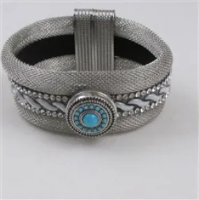 Silver Mesh Bracelet with Rhinestone & Turquoise Accent