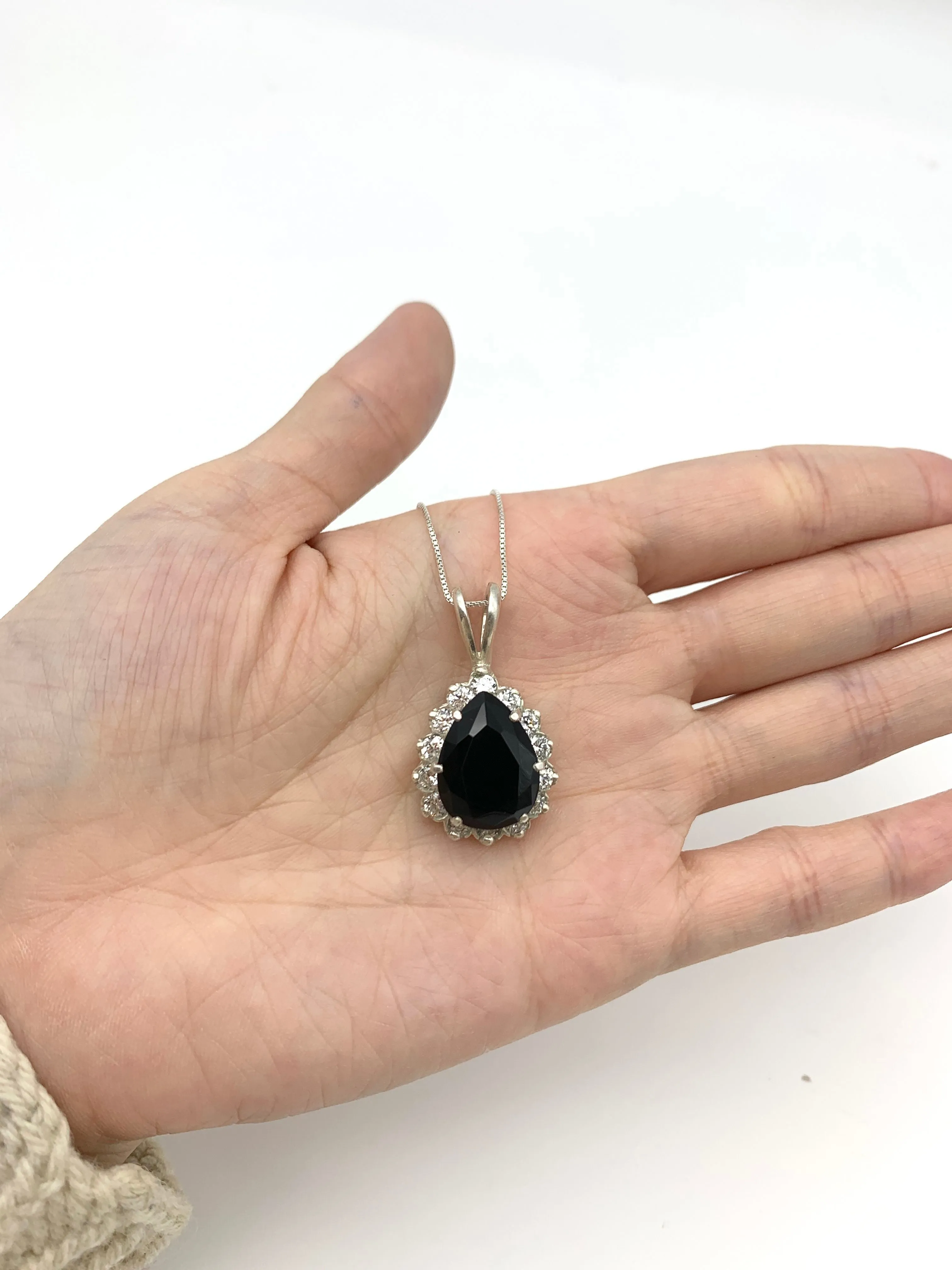 Silver Onyx Necklace - Natural Onyx Necklace, Silver Teardrop Pendant