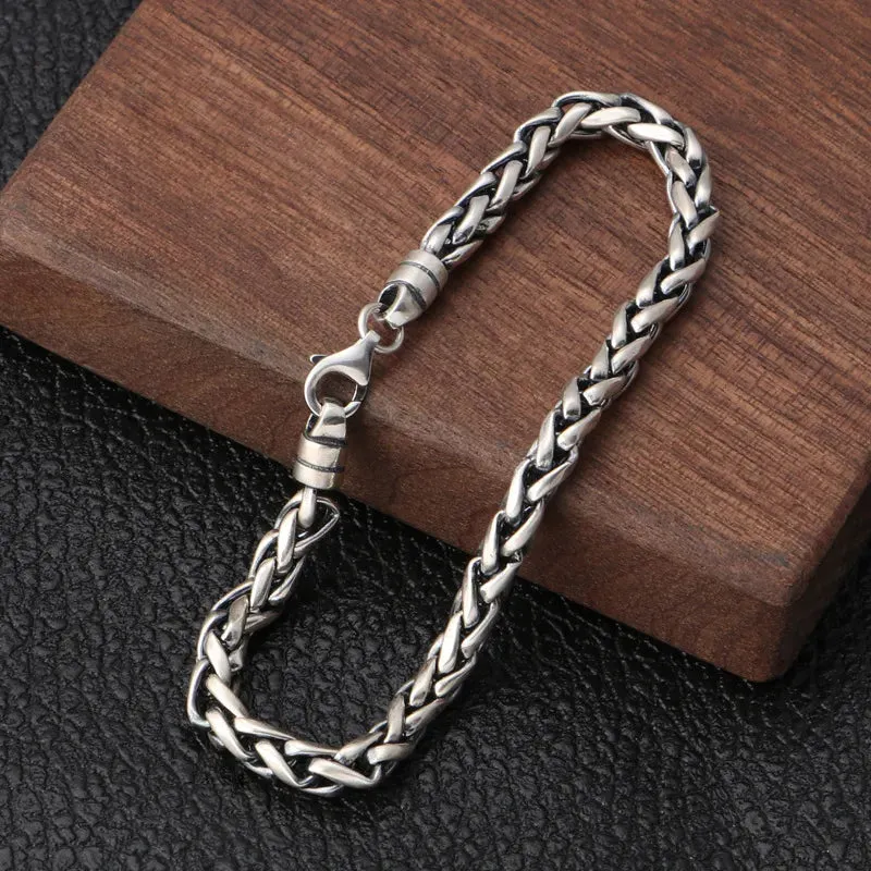 Silver Plated Braided Twist Chain Bracelet Men\'s Vintage Simple Foxtail Chain Cuff Bracelet Casual Jewelry Gift