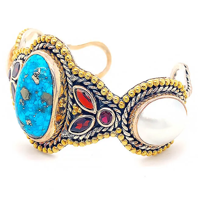 Silver& 18 kt gold  Bangled Bracelet with Persian Turquoise & Pearls  & Garnets Silver