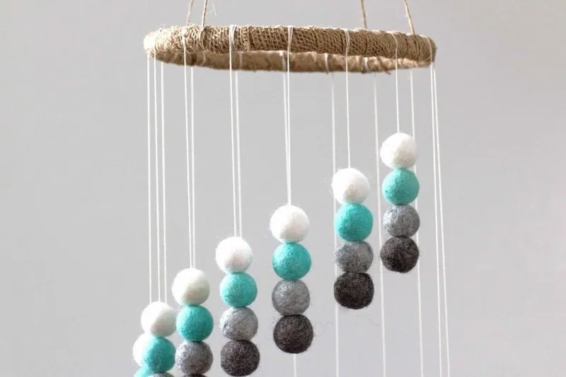 Spiral Felt Ball Mobile- Turquoise, Charcoal, Gray, White