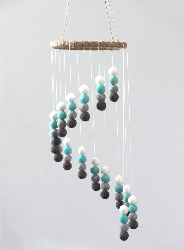 Spiral Felt Ball Mobile- Turquoise, Charcoal, Gray, White