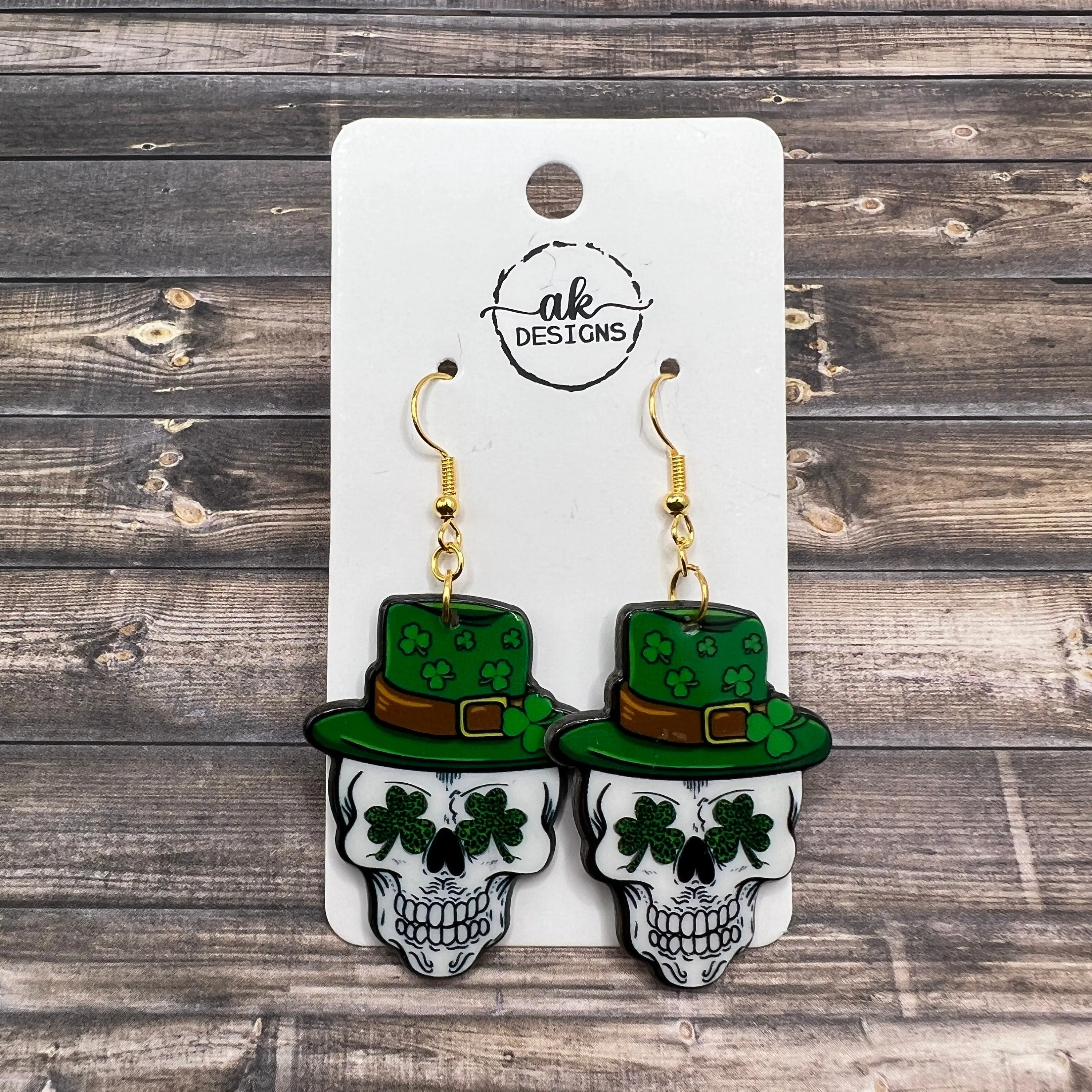 St. Patrick's Day Skeleton Messy Bun Skull Earrings