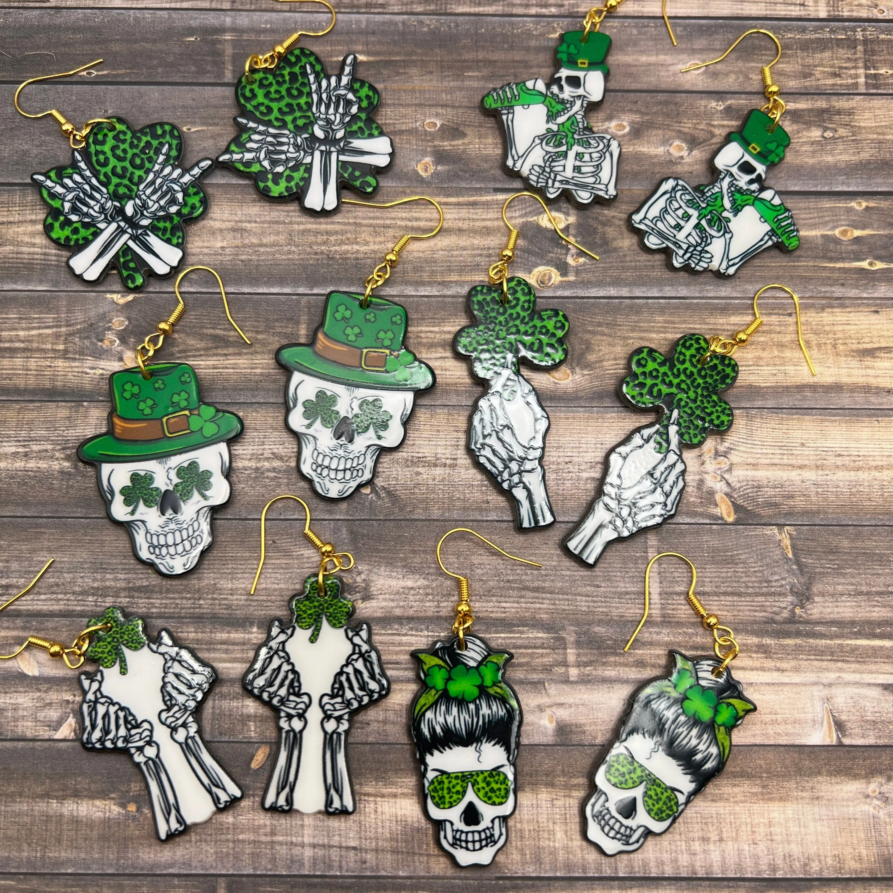 St. Patrick's Day Skeleton Messy Bun Skull Earrings