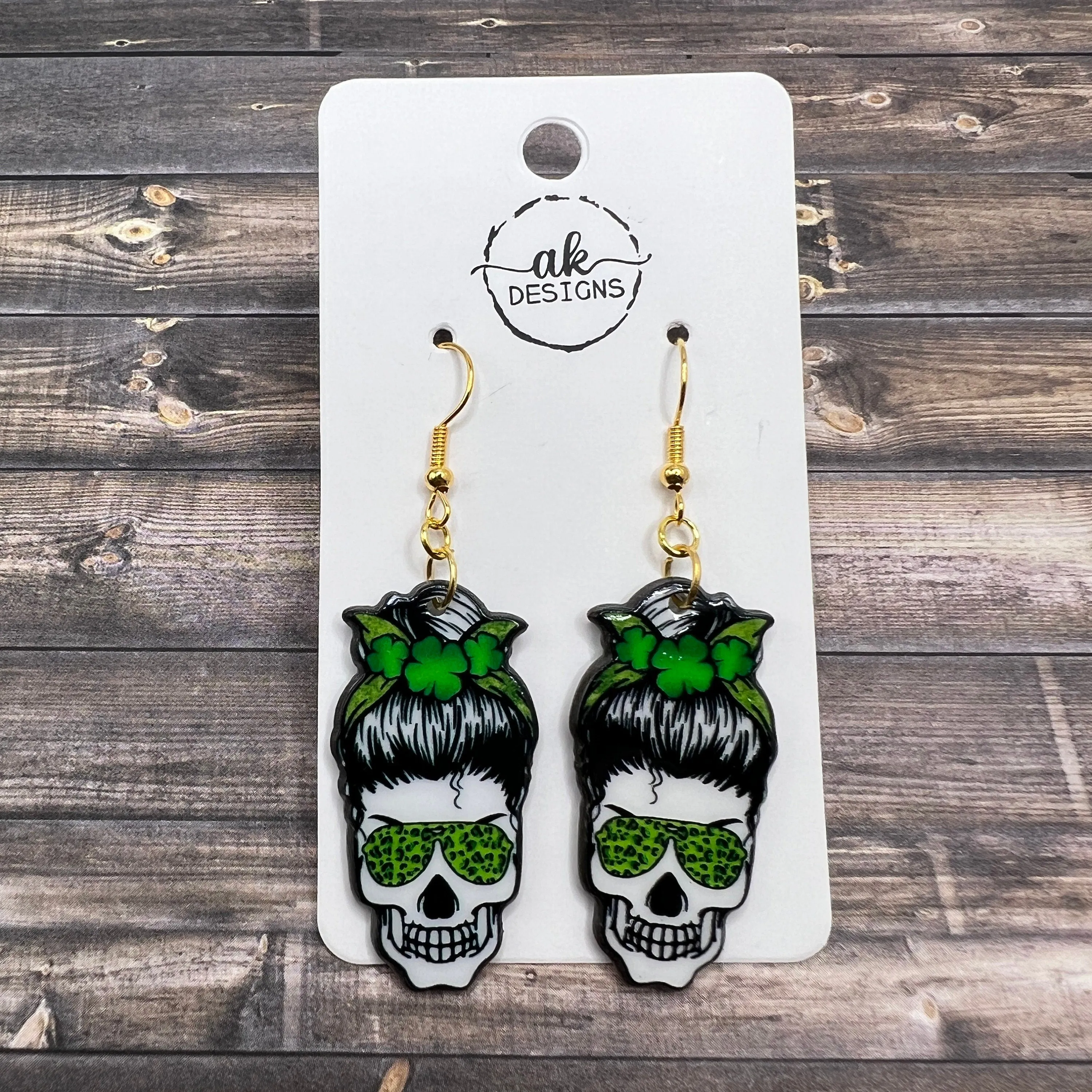 St. Patrick's Day Skeleton Messy Bun Skull Earrings