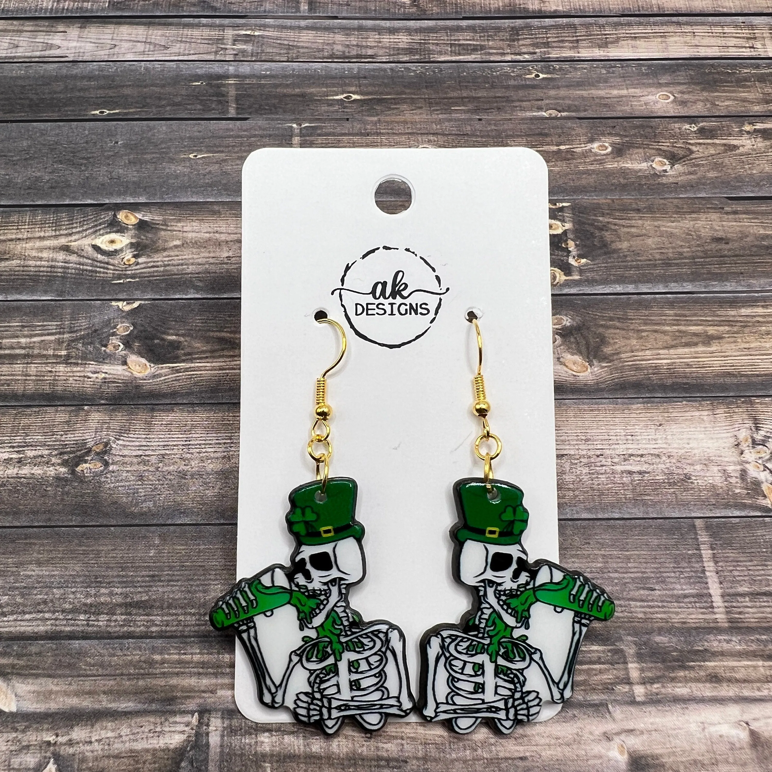 St. Patrick's Day Skeleton Messy Bun Skull Earrings