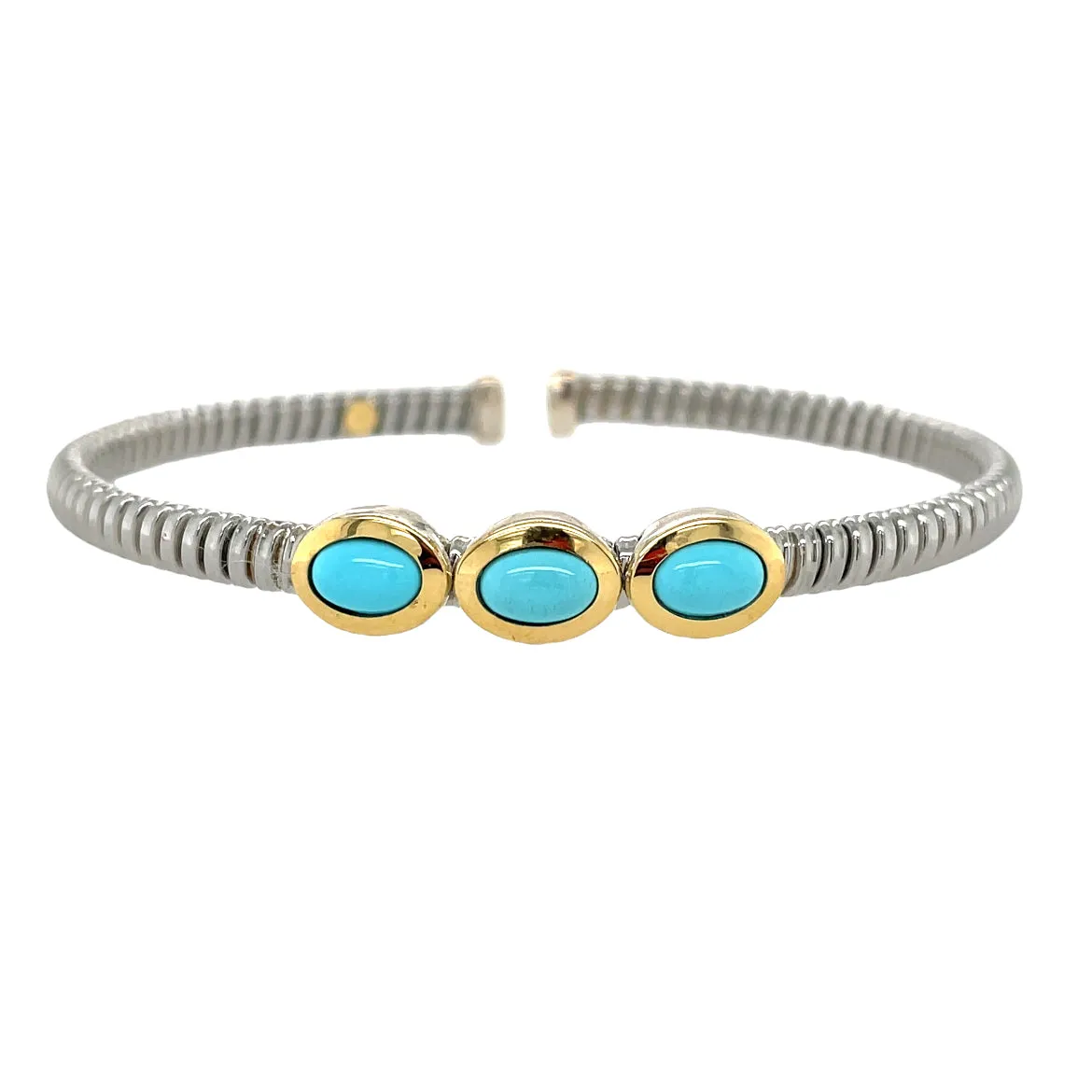 Stainless Steel Turquoise Bangle Bracelet w/ Sterling Silver & 18KY Accent