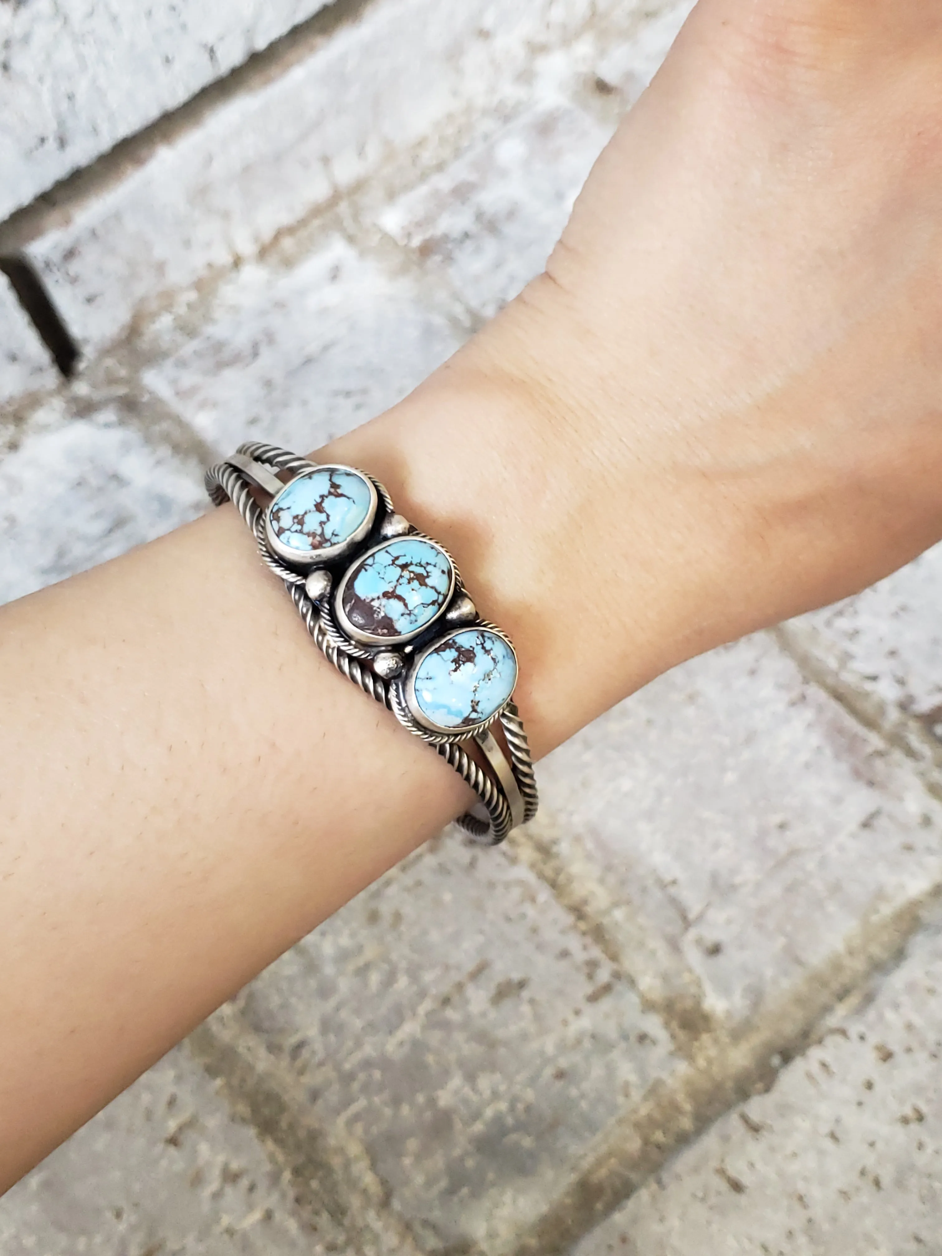 Stamped Sterling Silver 3 Stone Golden Hills Turquoise Cuff Bracelet