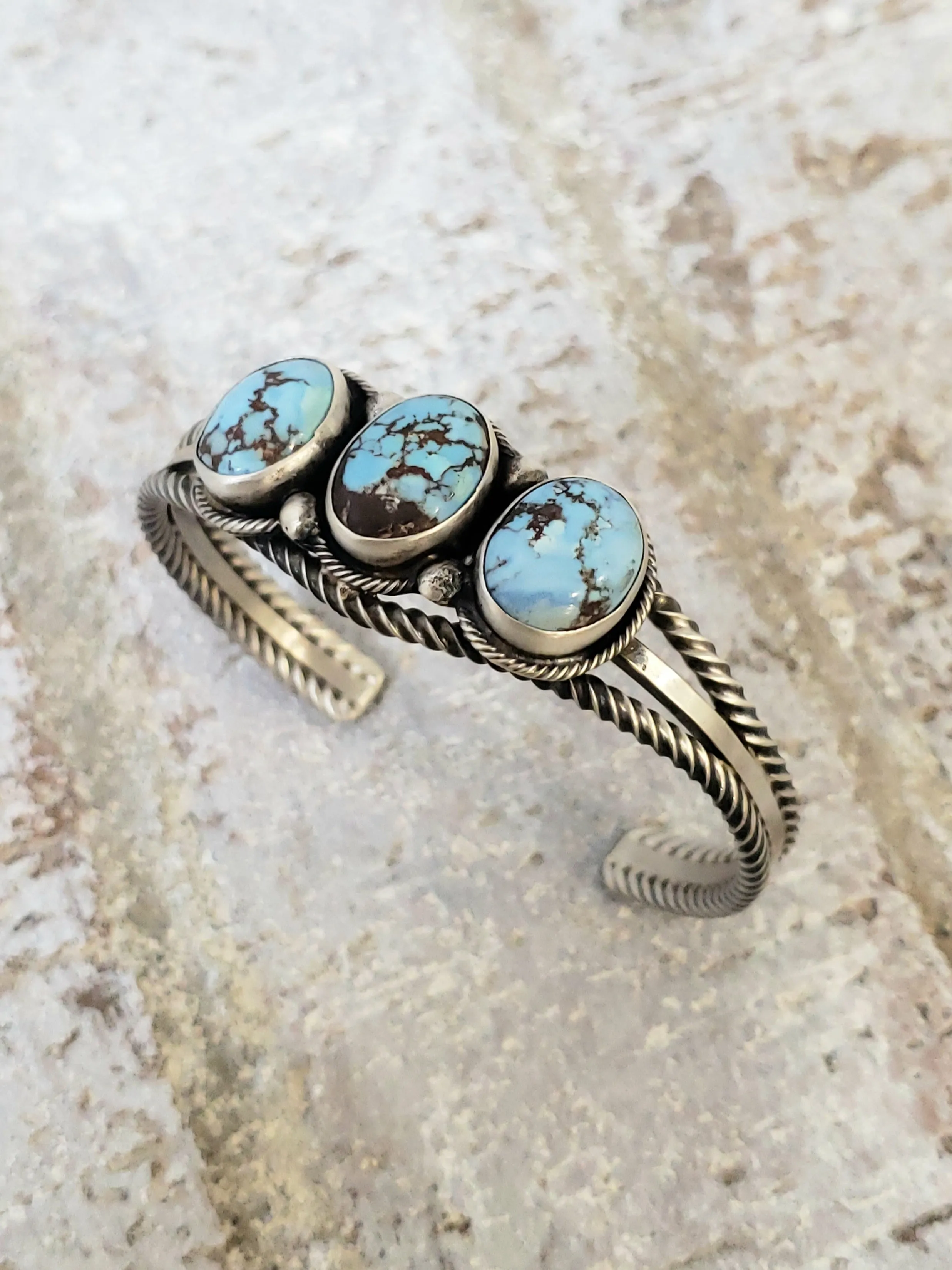 Stamped Sterling Silver 3 Stone Golden Hills Turquoise Cuff Bracelet