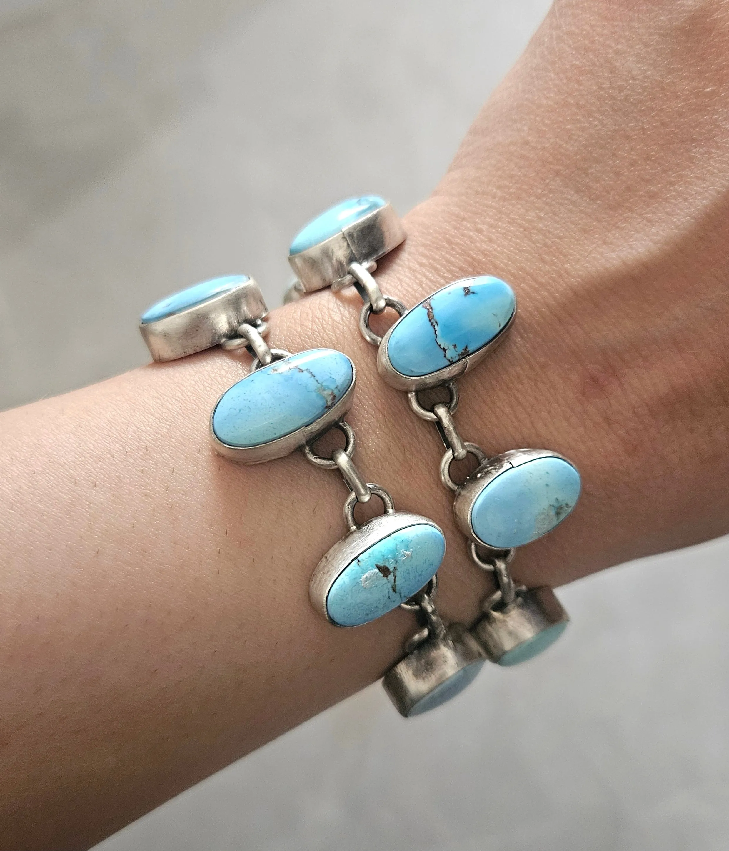 Stamped Sterling Silver Golden Hills Turquoise 12 Stone Double Row Bracelet