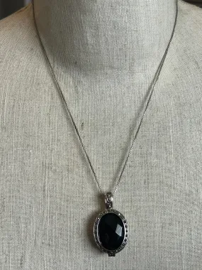 Sterling Silver 925 Faux Onyx Reversible Marcasite Box Chain Pendant Necklace