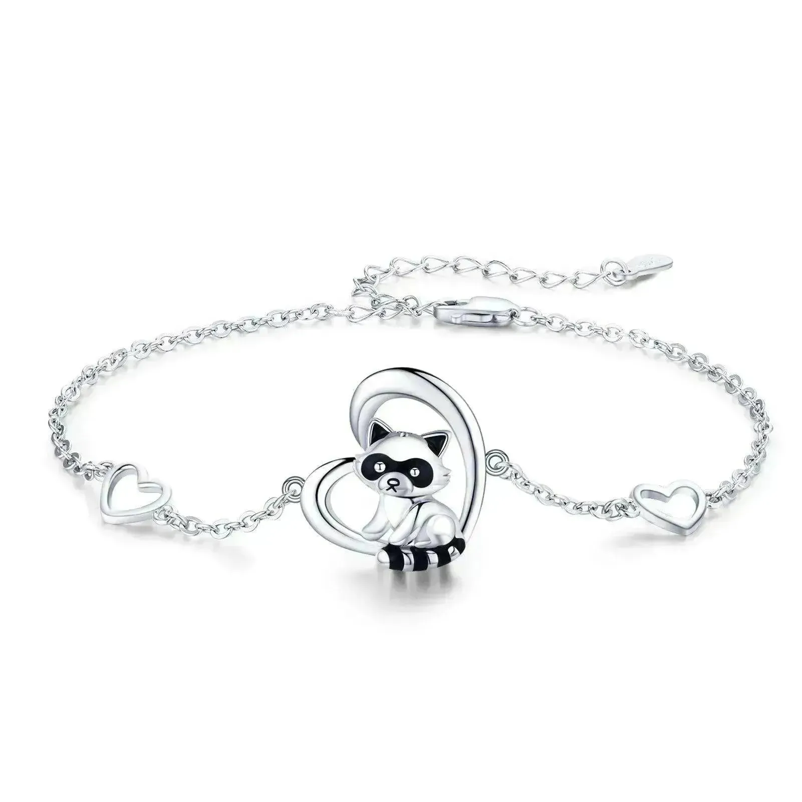 Sterling Silver 925 Heart Shaped Charm Raccoon Bracelet