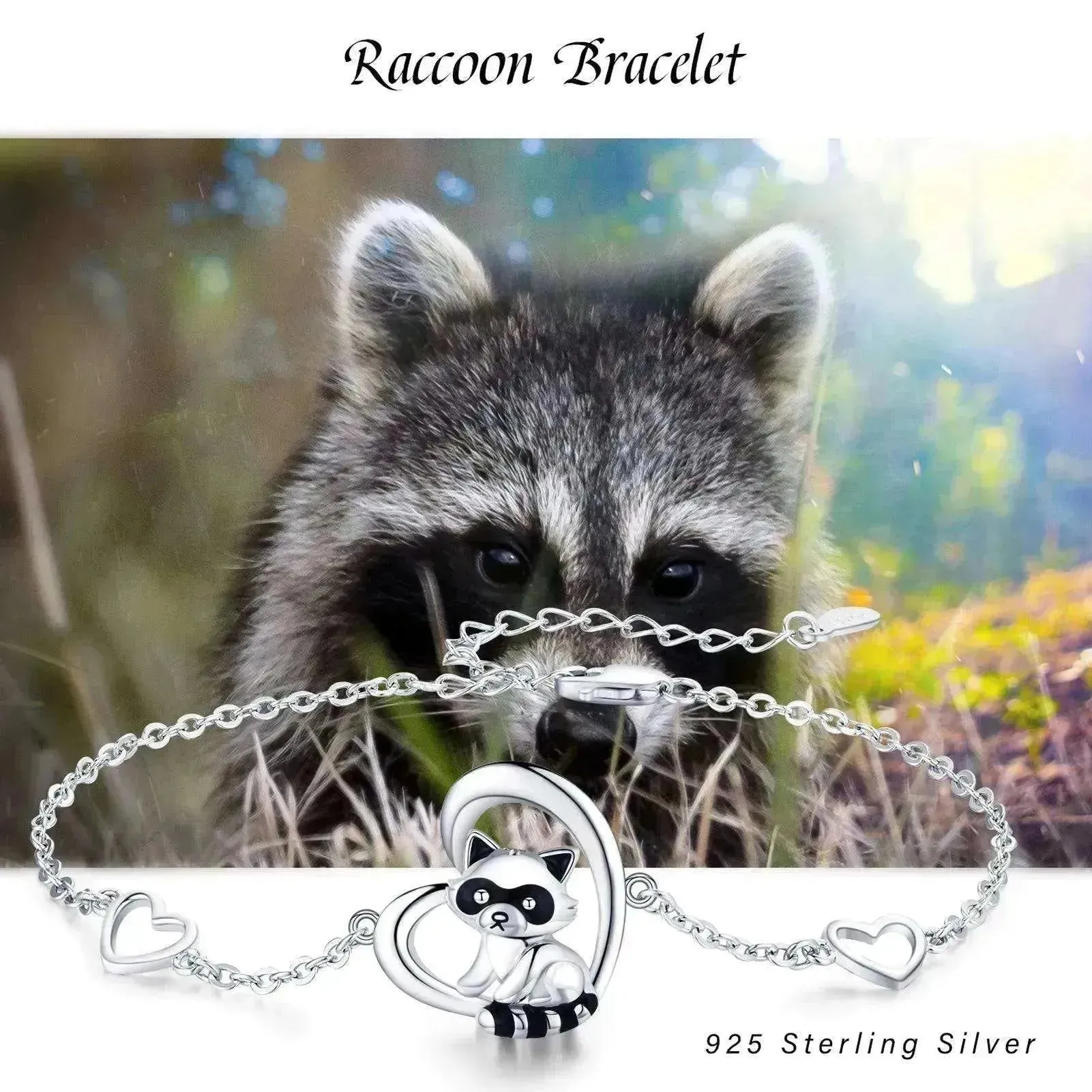 Sterling Silver 925 Heart Shaped Charm Raccoon Bracelet