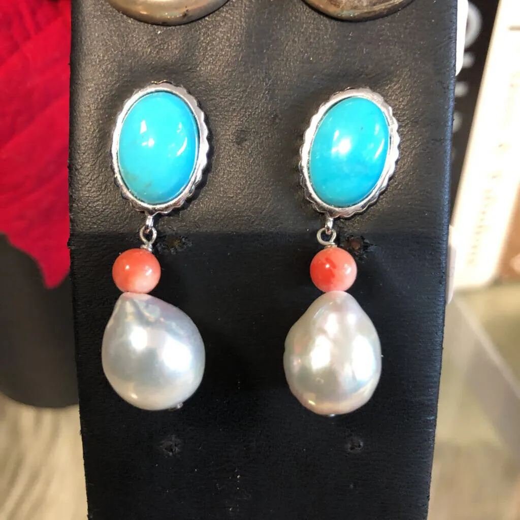 STERLING SILVER 925 SILVER PEARL CORAL DROP EARRINGS