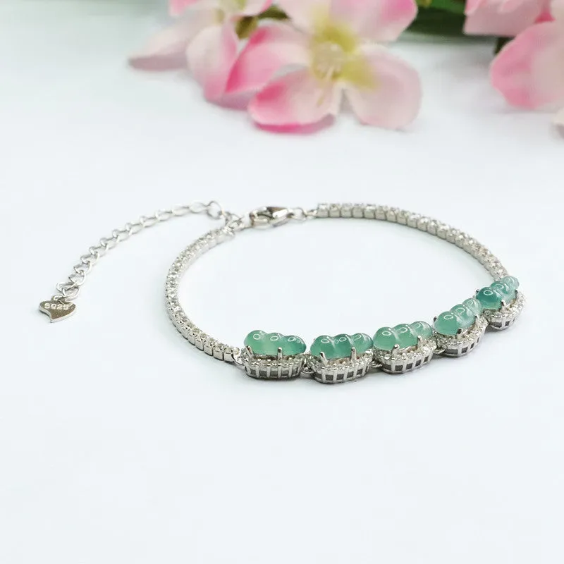 Sterling Silver Bracelet with Natural Green Jade Insets